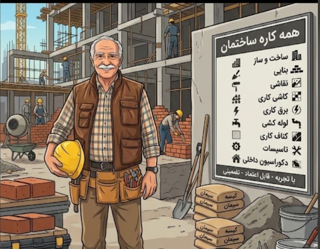Illustration of an all-around construction worker holding a hard hat at a building site, beside a sign listing his services: construction, masonry, painting, tiling, electrical, plumbing, drywall, mechanical systems, and interior decoration — experienced, reliable, guaranteed.